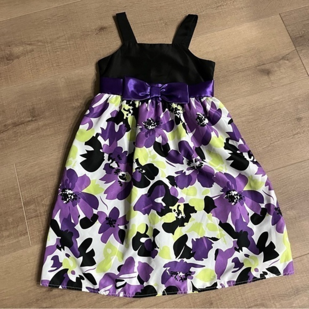 Newberry Party Dress Girls 10 Purple Lime Black Floral Bow Lined Sleeveless